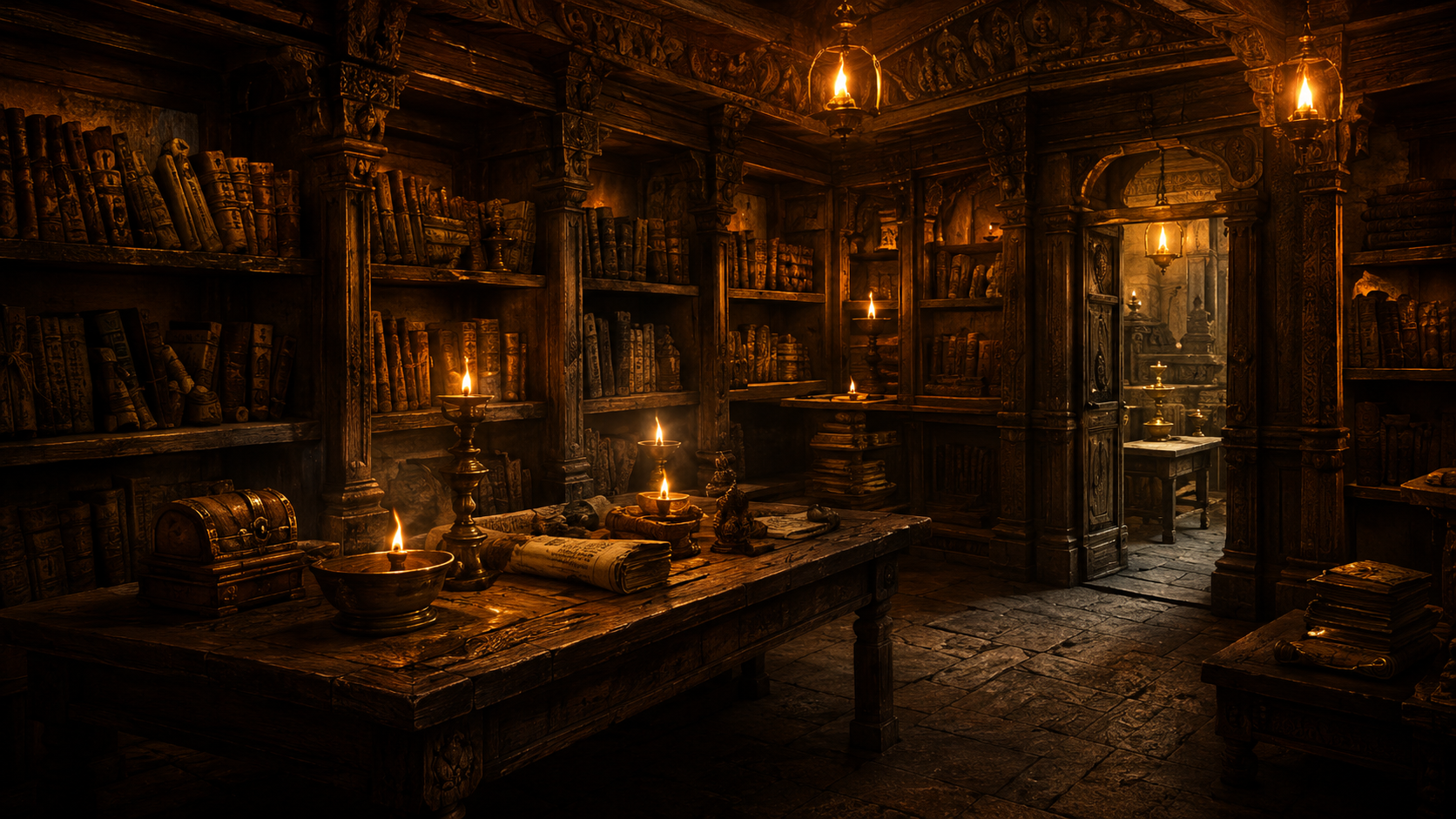 Ancient scriptures library setting with candle