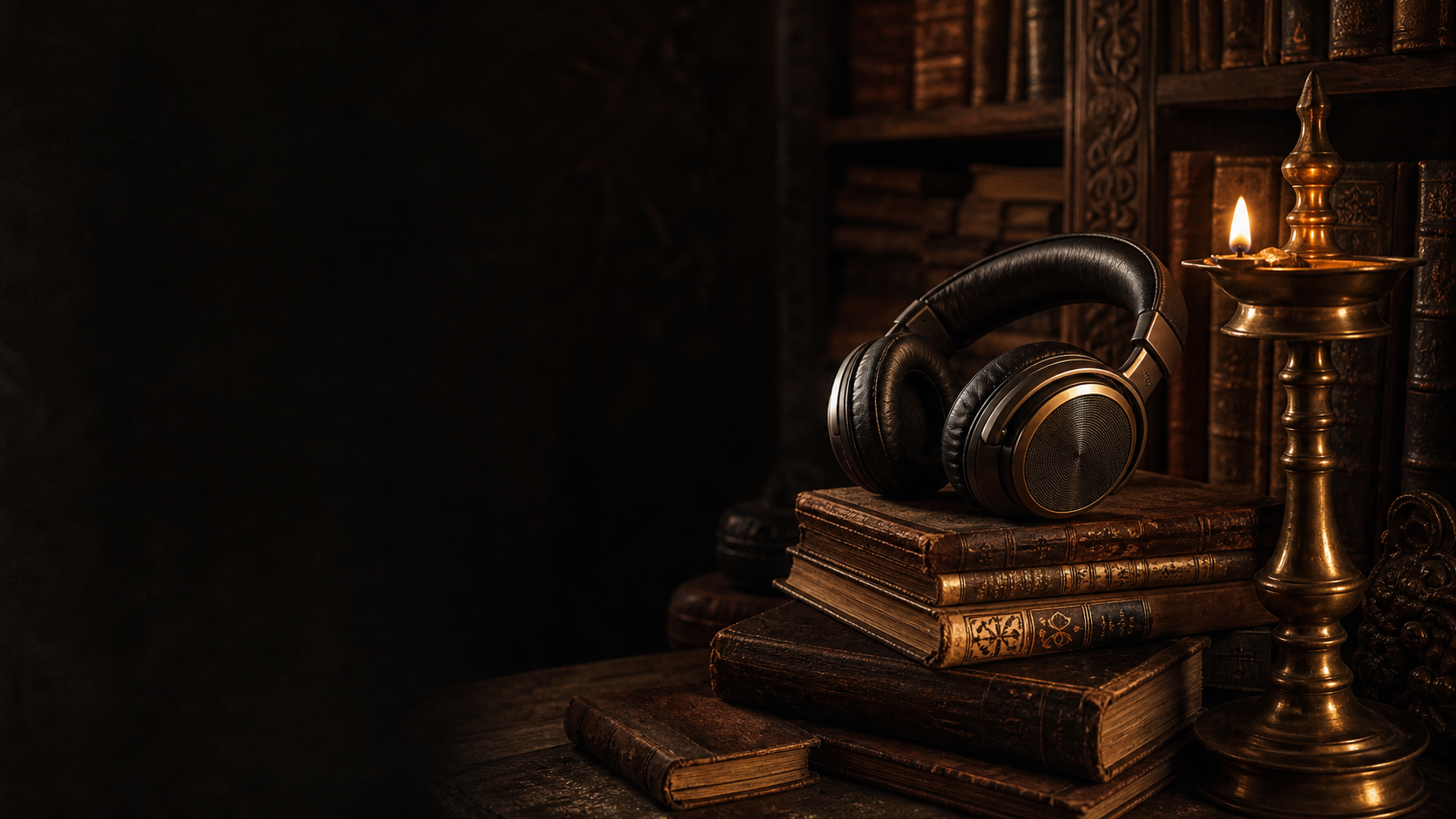 Headphones and sacred books in a lamp-lit archive