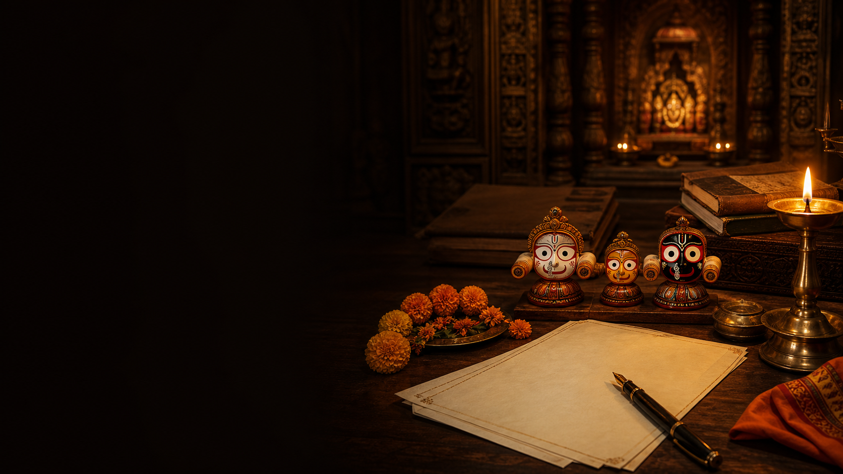 Jagannath figures beside a correspondence desk and lamp