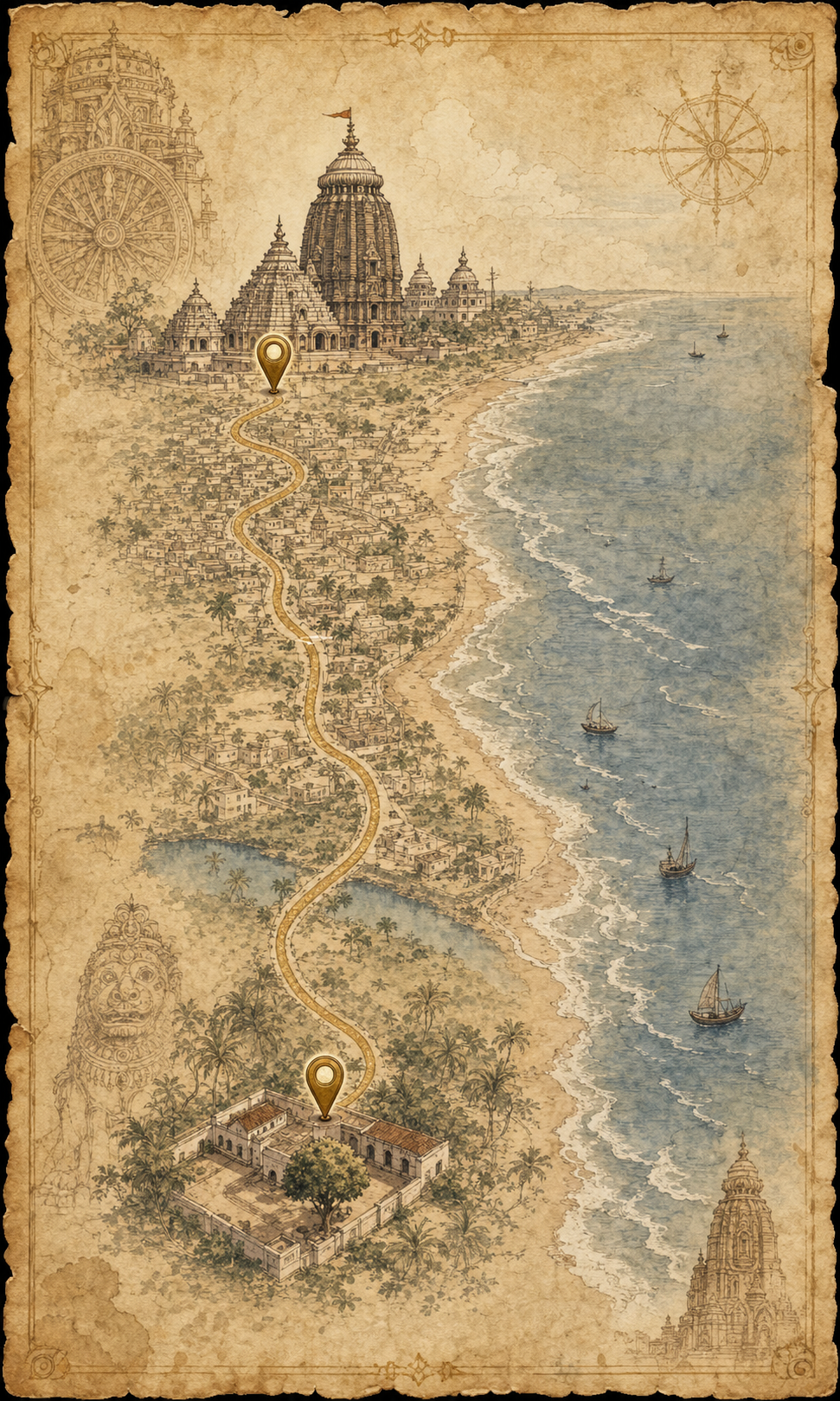 Illustrated map connecting Shree Jagannath Temple and the SJK.org Ashram in Puri