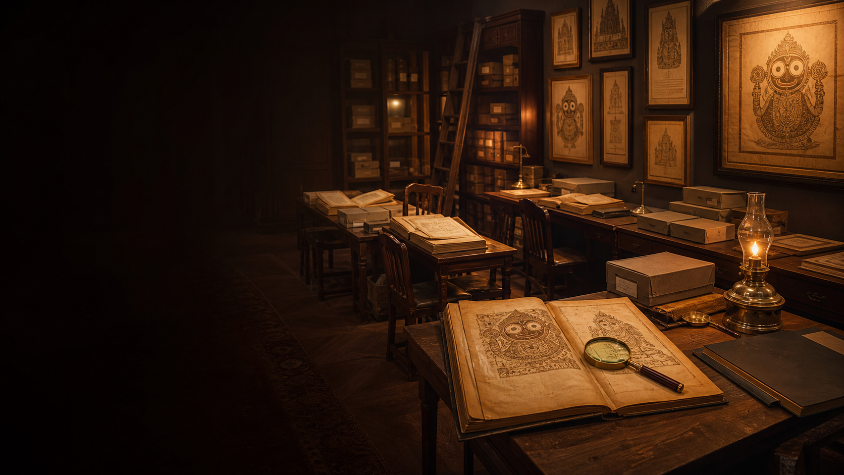 Jagannath research materials in an archival reading room