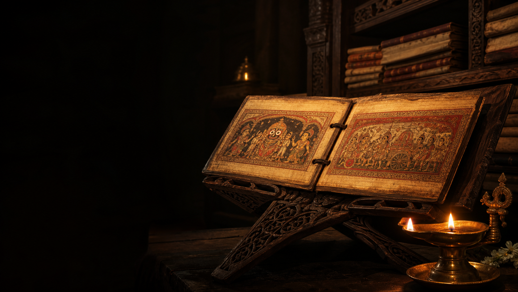 Illustrated sacred manuscript in a lamp-lit video archive